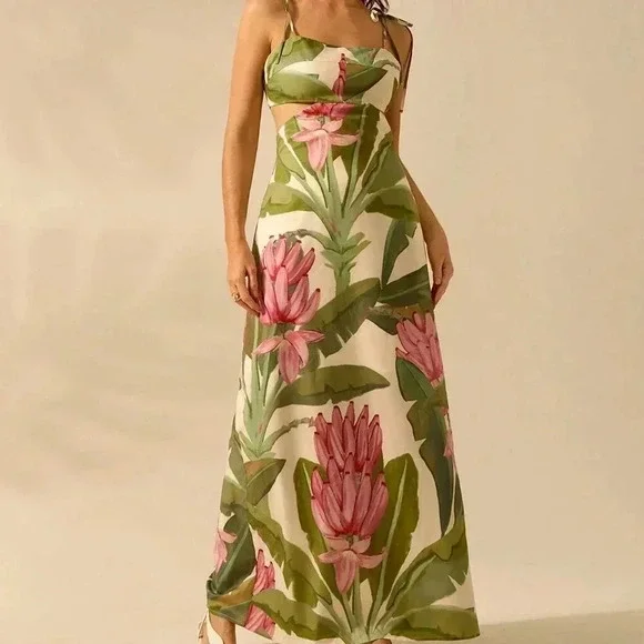 Multicolor Boho Women's Banana Tree Print Sleeveless Spaghetti Strap Dress - Picture 1 of 7